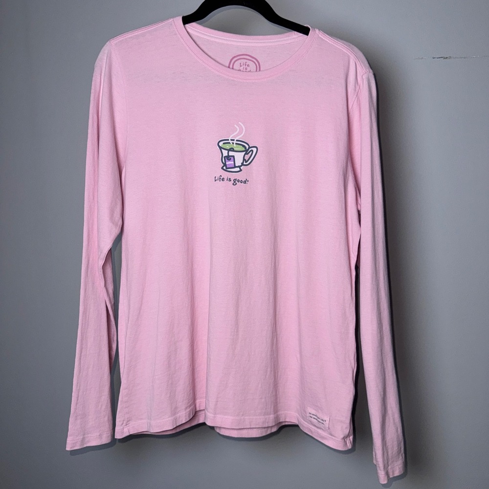 Life is Good Pink Tea Cup Graphic Long Sleeve Crusher Tee Relaxed Fit Medium
